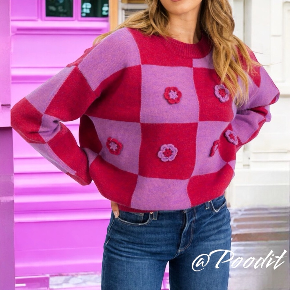 ENTRO Checker detailed crewneck sweater S M L - Picture 2 of 9